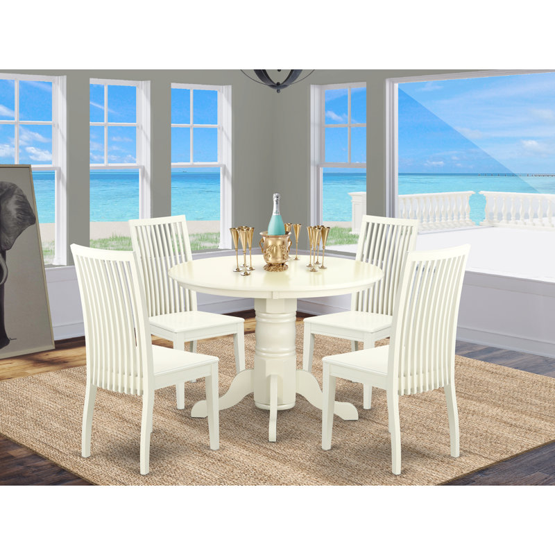 Ensemble de salle à manger 5 pièces comprenant une table ronde en bois avec pied central et 4 chaises de cuisine, 107 x 107 cm, blanc lin