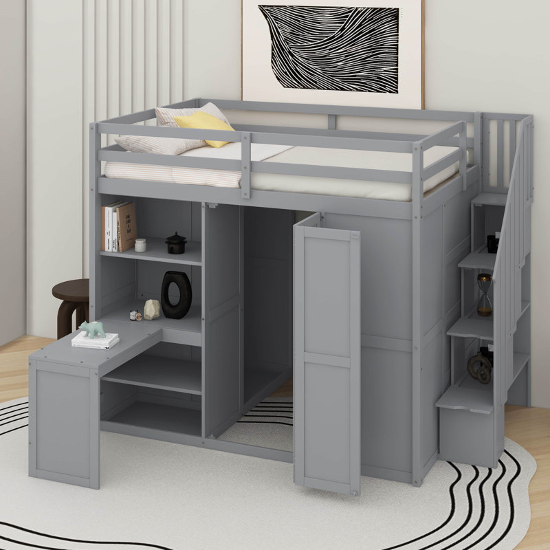 Lit mezzanine double avec garde-robe, bureau et tablettes, Gris