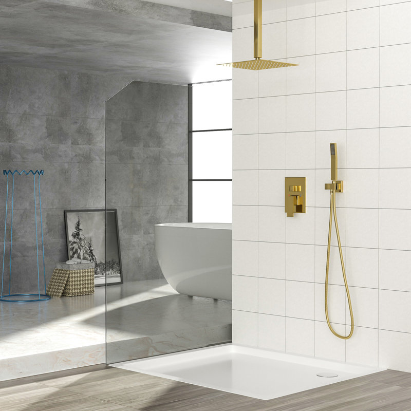 Pomme de douche double dorée - Plafonnier carré de 16 pouces avec tuyau et support pour fonction pluie