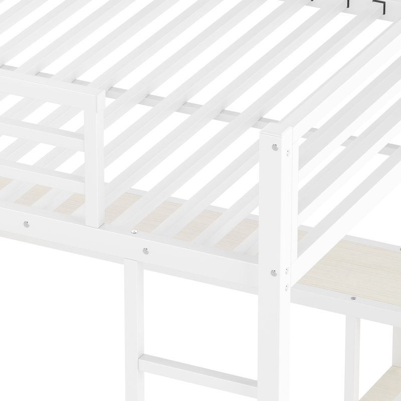 Grain de bois blanc, grand lit mezzanine en métal, garde-robe encastrée, bureau, rangement, optimisation de l'espace, grand lit de petite taille, guide d'assemblage simple
