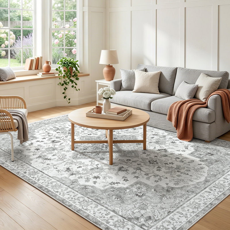 Oriental Inspired Vintage Machine Washable Area with Non-Slip Backing for High Traffic Area, Living Room, Bed Room, Kitchen, Hallway, Entryway Rug