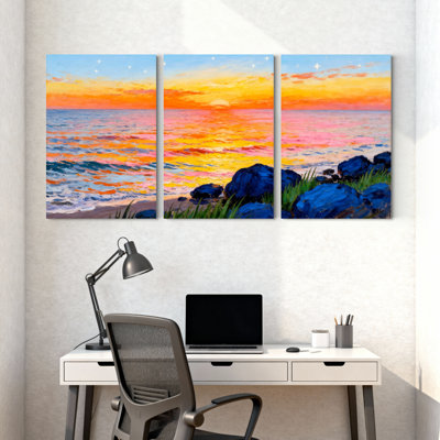 Abstract Sunset Ocean Waves Rocks Sky Reflections Colors Horizon Set of 3 Canvas Wall Art Prints