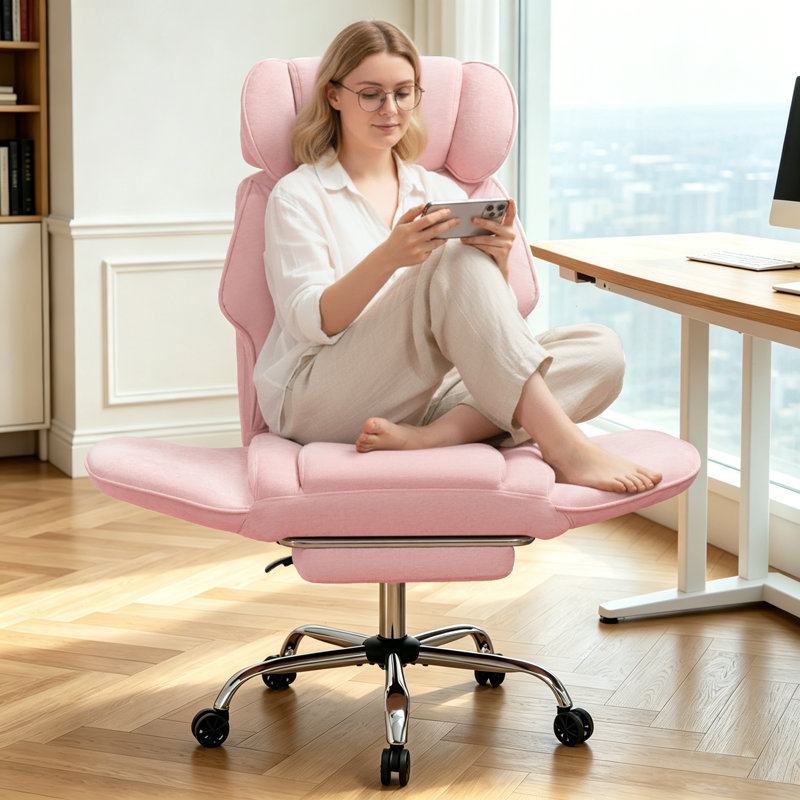 Chenille Cross-Legged Office Chair with Flip Armrests, Big and Tall Executive Desk Chair with Lumbar Pillow & Side Pockets