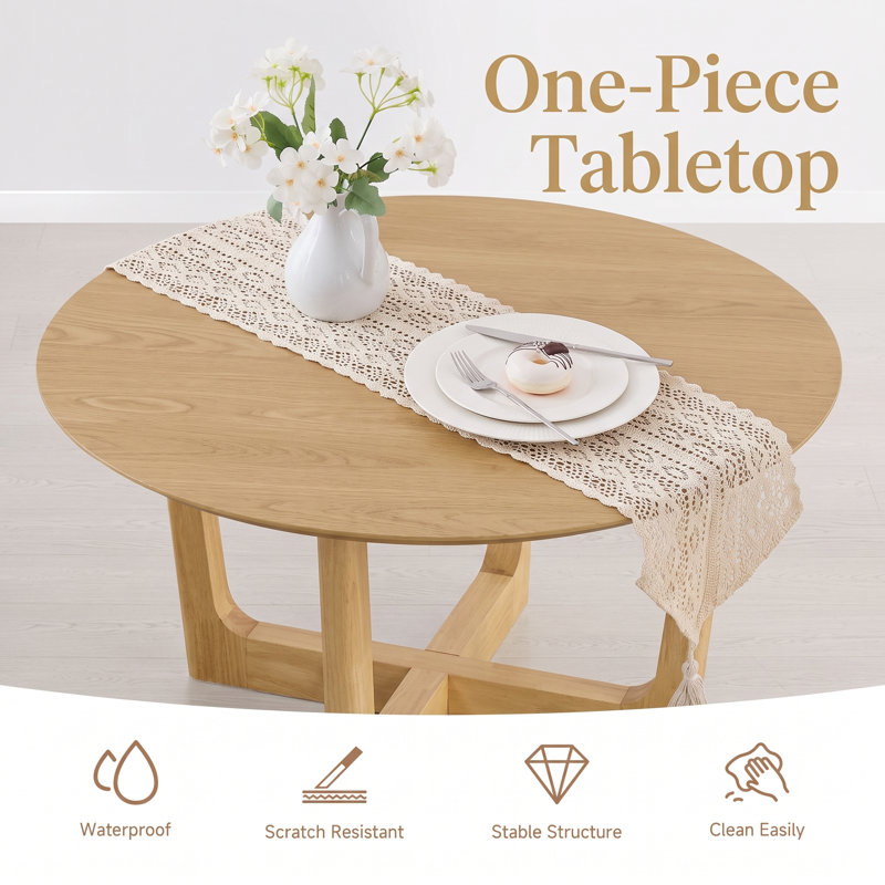 47'' Modern Round Solid Wood Dining Table with Cross-Leg Base, Oak