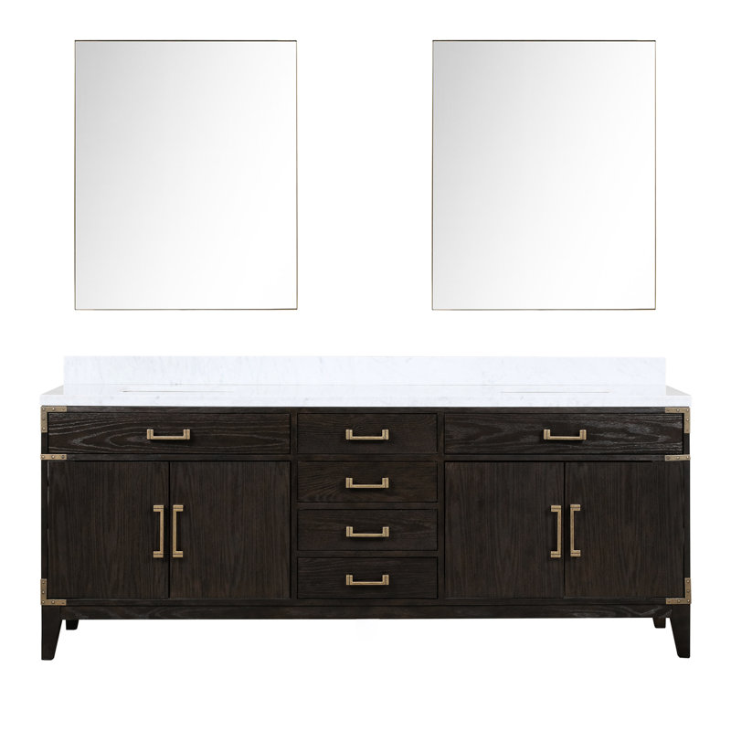 Meuble-lavabo double en chêne brun avec 84 po L, plateau en marbre, deux armoires intérieures scellées en chêne, 36 miroirs, quatre tiroirs de rangement