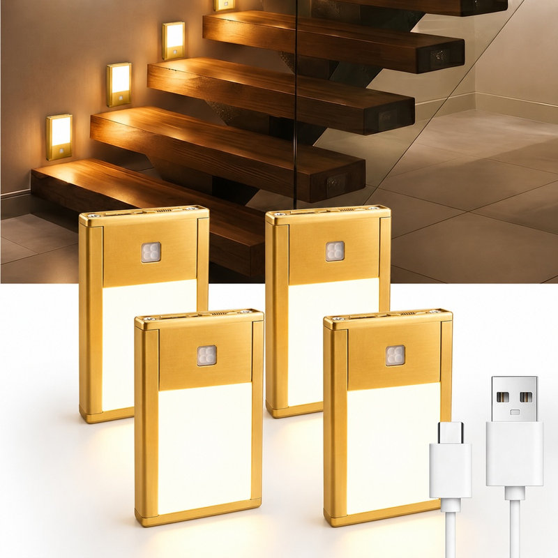 Paquet de 4 veilleuses rechargeables à détecteur de mouvement avec support magnétique, or brossé, Doré