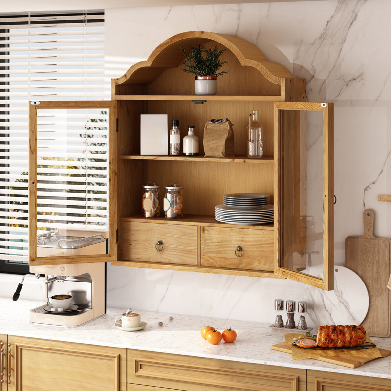 Armoire murale en bois massif 30,12 po avec plateau ondulé élégant, rétro rustique vieilli pour la salle à manger, la cuisine et le salon