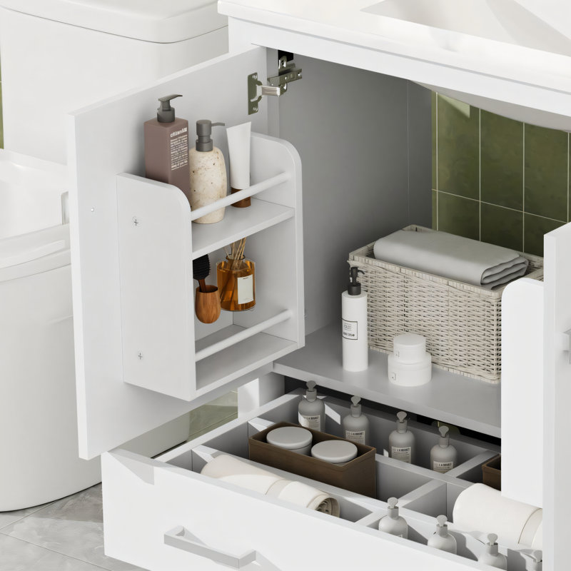 Meuble-lavabo moderne blanc de 36 pouces avec lavabo en céramique (facile à nettoyer, durable et à débordement), portes à fermeture en douceur, tablettes doubles et tiroirs divisés, offrant beaucoup de rangement et un look sophistiqué.