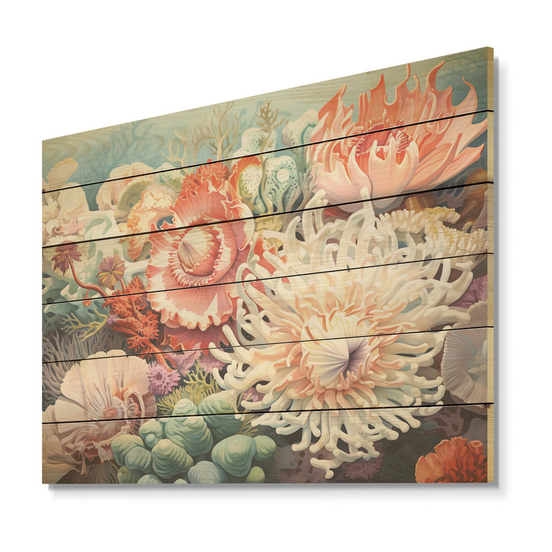 Anémone marine, chef-d'œuvre marine, corail sous l'eau, art mural sur bois de pin naturel, H 30 po x l 40 po