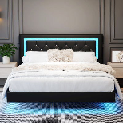 Bed Frame With Headboard, Floating Bed Frame With LED Lights, Upholstered Platform Bed With Tufted Headboard