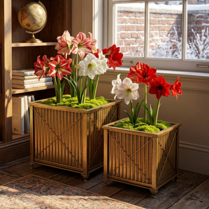 Jardinières treillis dorées antiques, lot de 2
