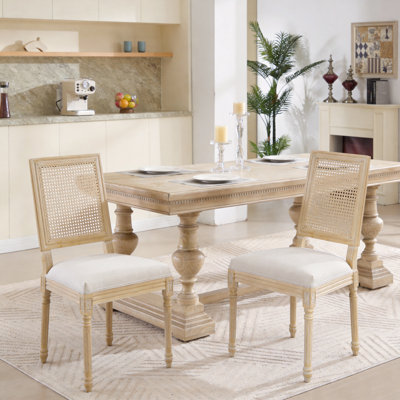 Chaise de salle à manger en rotin avec cadre en bois massif et lin, 20 x 23 x 38 pouces, 2 pièces, beige