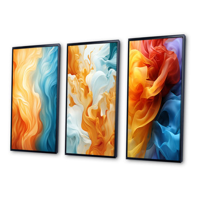 Bright Orange And Turquoise Liquid Ink Art - Abstract Shapes Art Set Of 3 Pieces