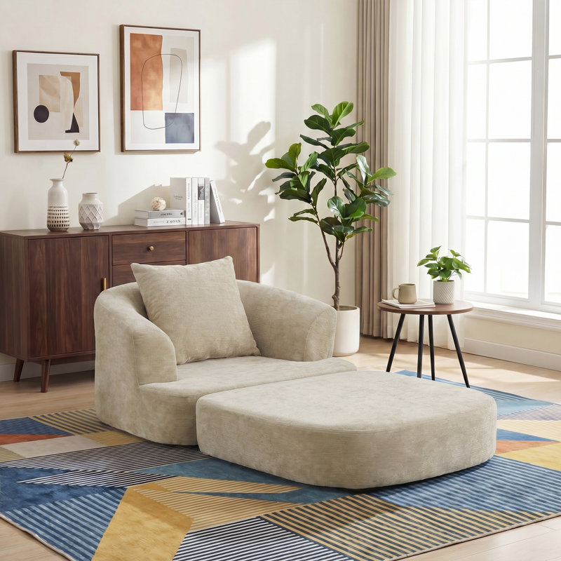 Oversized Upholstered Convertible Accent Barrel Chair, Khaki Chenille