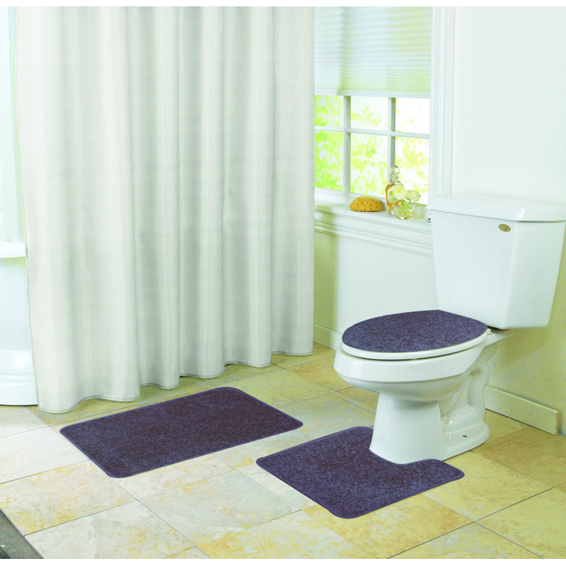 Ensemble de tapis pour salle de bain 3 pièces poils longs Veasley, Bleu marine
