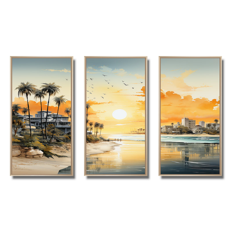 Paysage urbain côtier coucher de soleil - art mural coucher de soleil côtier, Cadre flottant brun, H 32 po x l 48 po x P 1 po