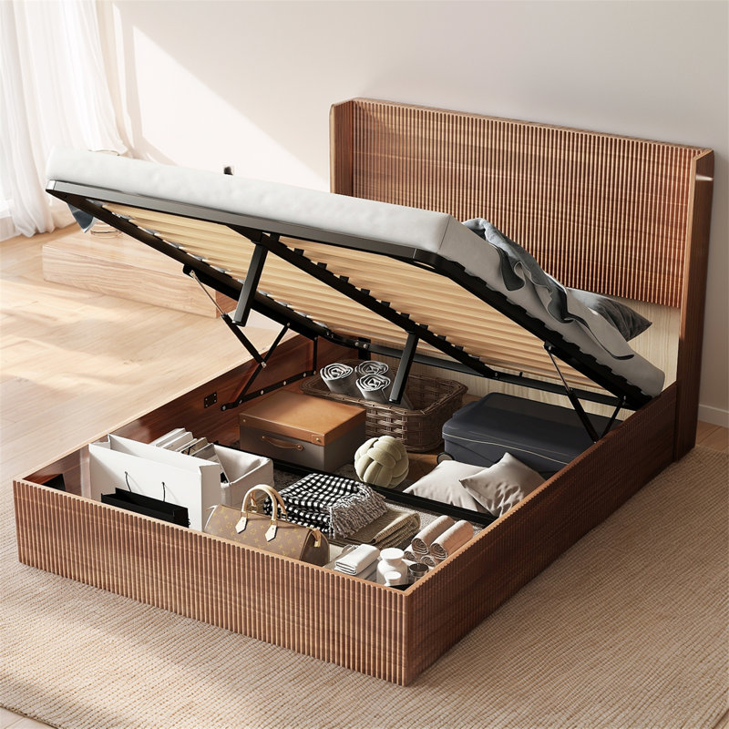Base de lit plateforme avec rangement Lift Up, Très grand, Bois naturel