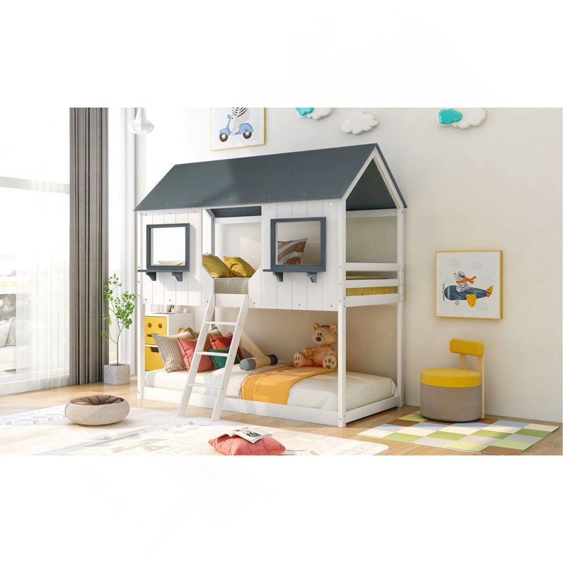 Lit superposé simple au-dessus d'un lit simple en bois avec toit, fenêtre, garde-corps et échelle, Blanc