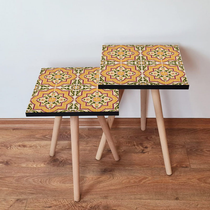 Stylish Nesting Tables (2 Pieces), Ethnic Geometric Design, 13.8 x 18.5 x 13.8 inches & 13.8 x 16.5 x 13.8 inches | 100% MDF with Beech Wood Legs | Perfect for Living Room & Modern Décor, Space-Saving Solution