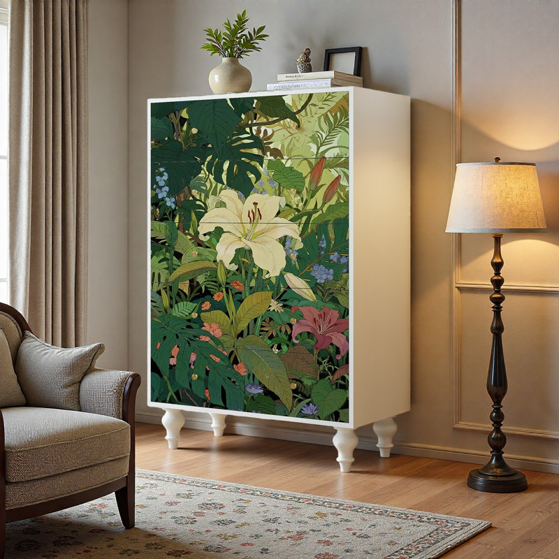 Armoire de rangement florale en bois massif à 5 tiroirs Floral
