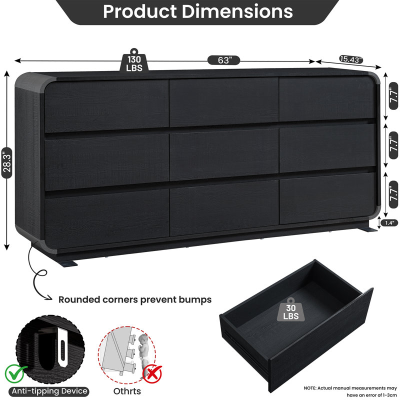 Ensemble de chambre à coucher courbée 3 pièces avec station de charge noire, Black