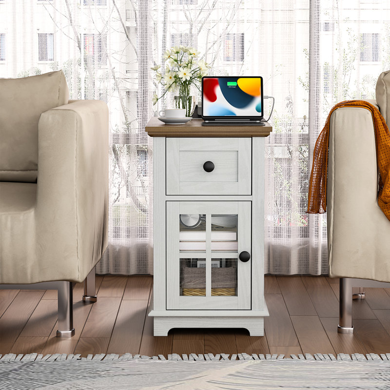 Antrea Tray Top End Table Set with Storage and Built-In Outlets, Dark Walnut Top/White Base