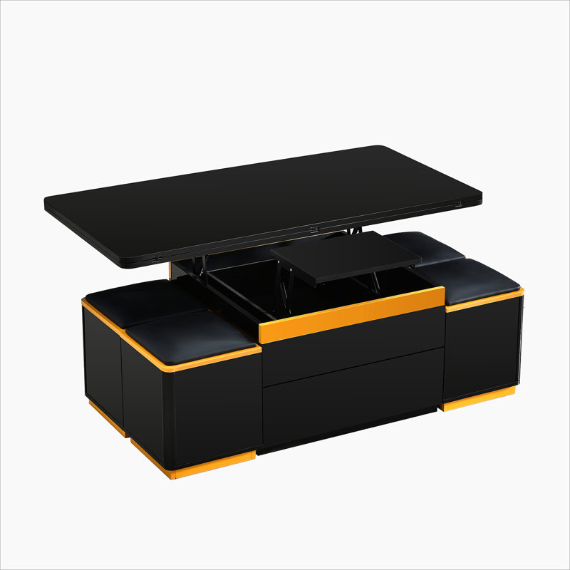 Table basse à plateau relevable avec tabourets de rangement, table centrale moderne avec plateau pliable, table basse réglable multifonctionnelle pour le salon