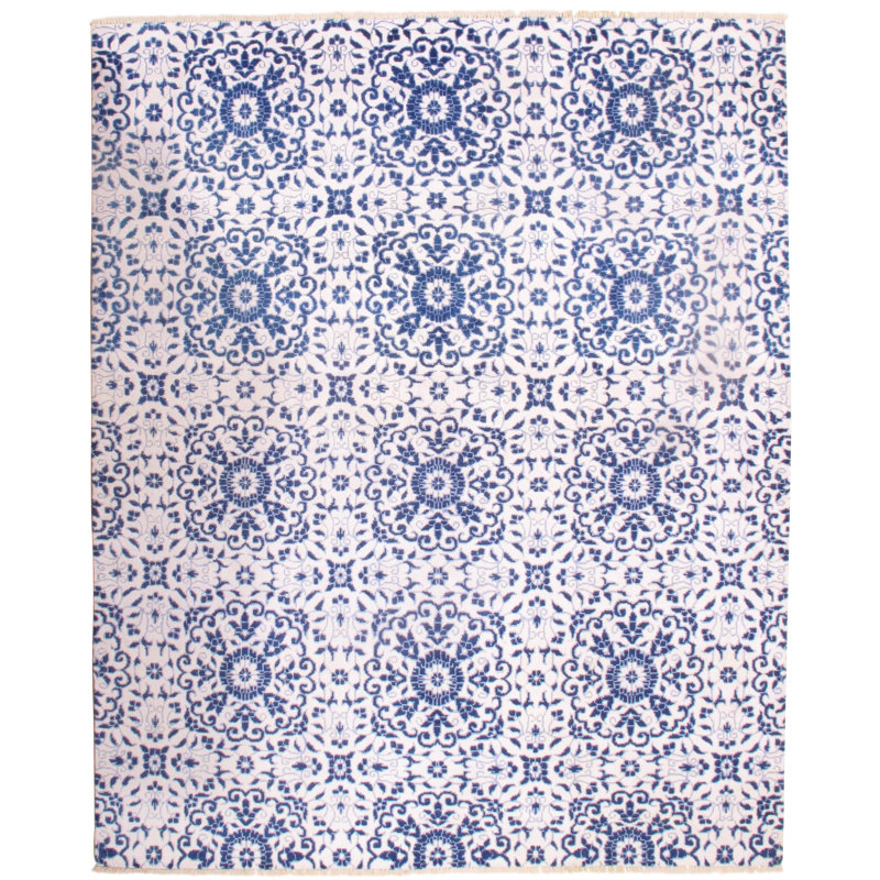 Tapis blanc / bleu marine en soie noué à la main Indo