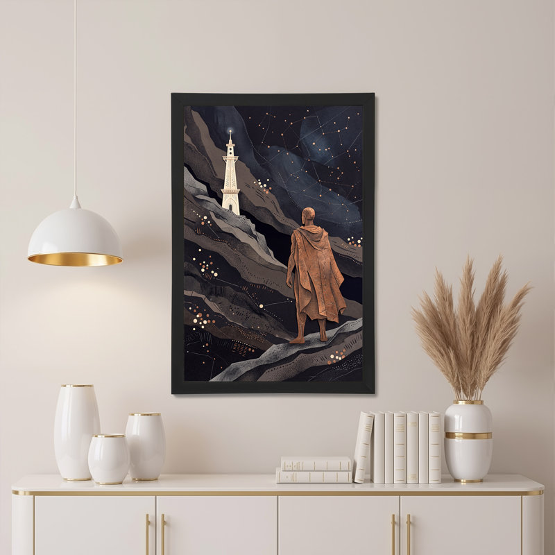 Art mural en bronze, figure et tour sous les constellations, 36"H x 24"W