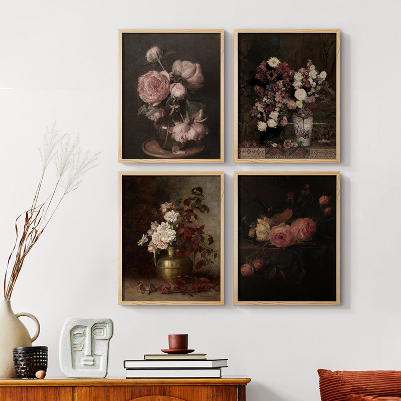 «Vintage Floral Print», impression encadrée, ensemble de 4, H 14 po x l 44 po