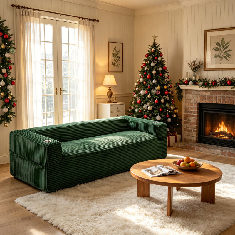 Boneless Modern 92" W Couch Corduroy Compression Sofa with Cup Holders and Storage, Green