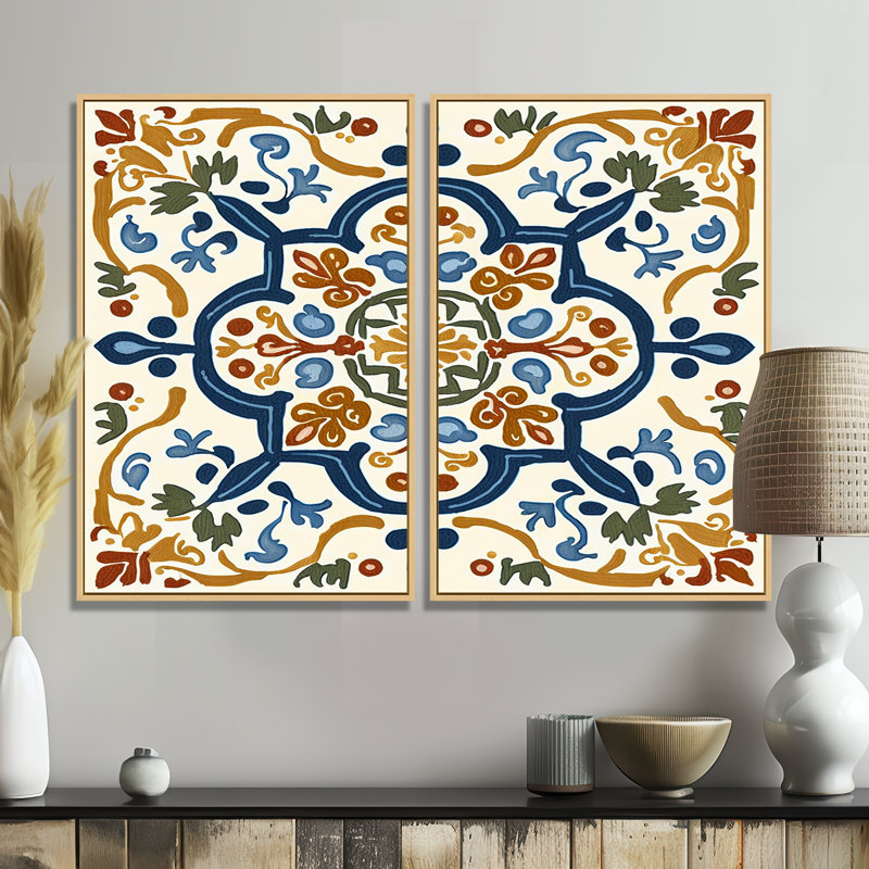 Carreaux de la Méditerranée en bleu rétro IV - tuile abstraite, décoration murale, H 36 po x l 48 po, Crème, crème