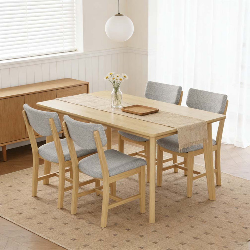 5-Piece Dining Set - 1 Solid Wood Table + 4 Upholstered Chairs, Natural