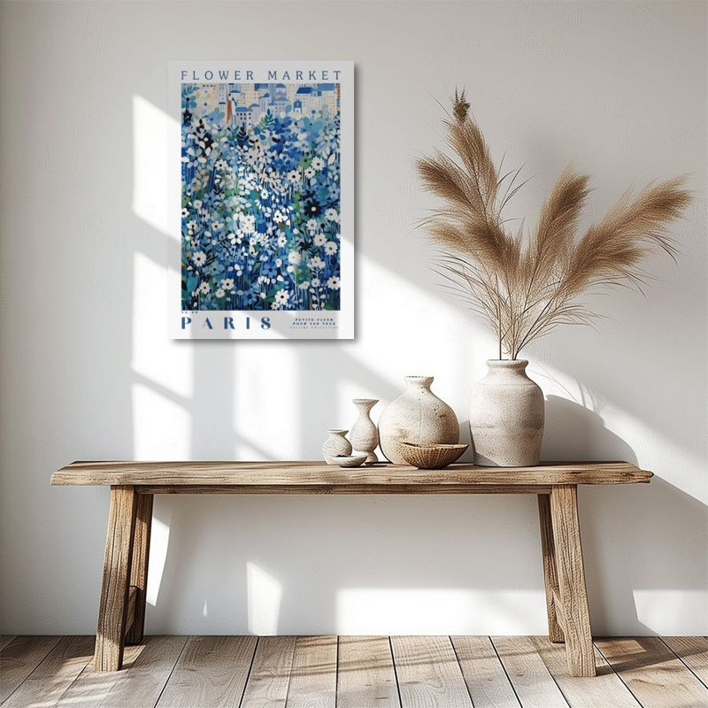 Paris Flower Market with City Silhouette - Botanical Wall Art Print on Gallery Wrapped Canvas, 36" H x 24" W, Ready to Hang for Living Room