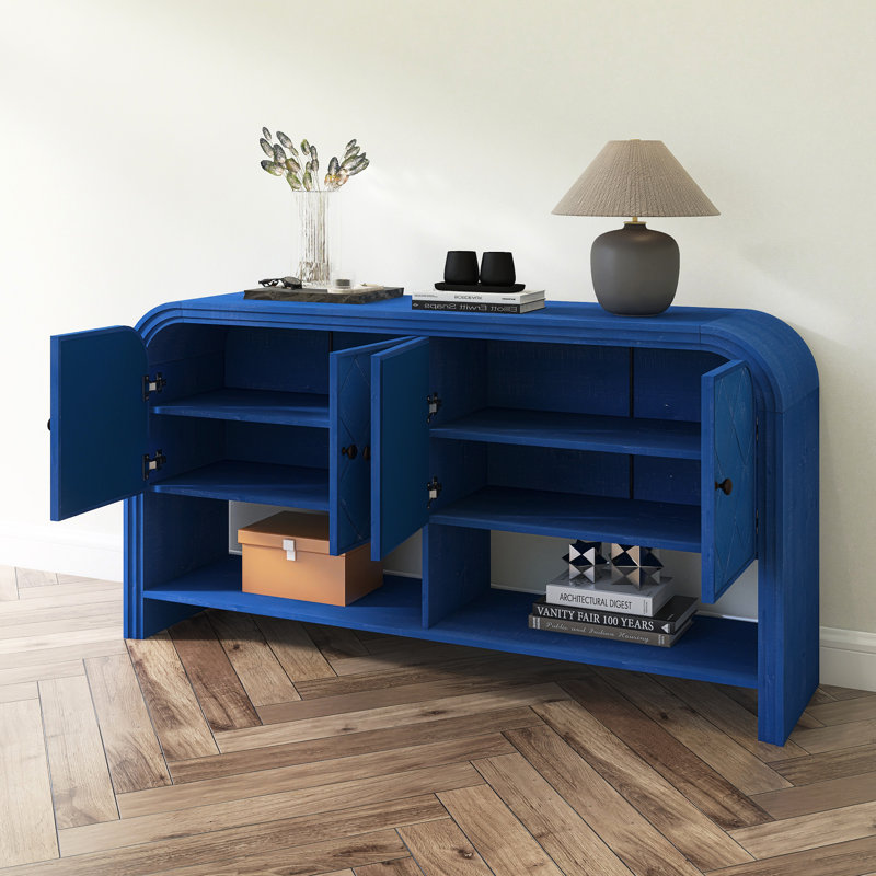 Console polyvalente avec lattes en bois tissé et placage en bois massif, Bleu