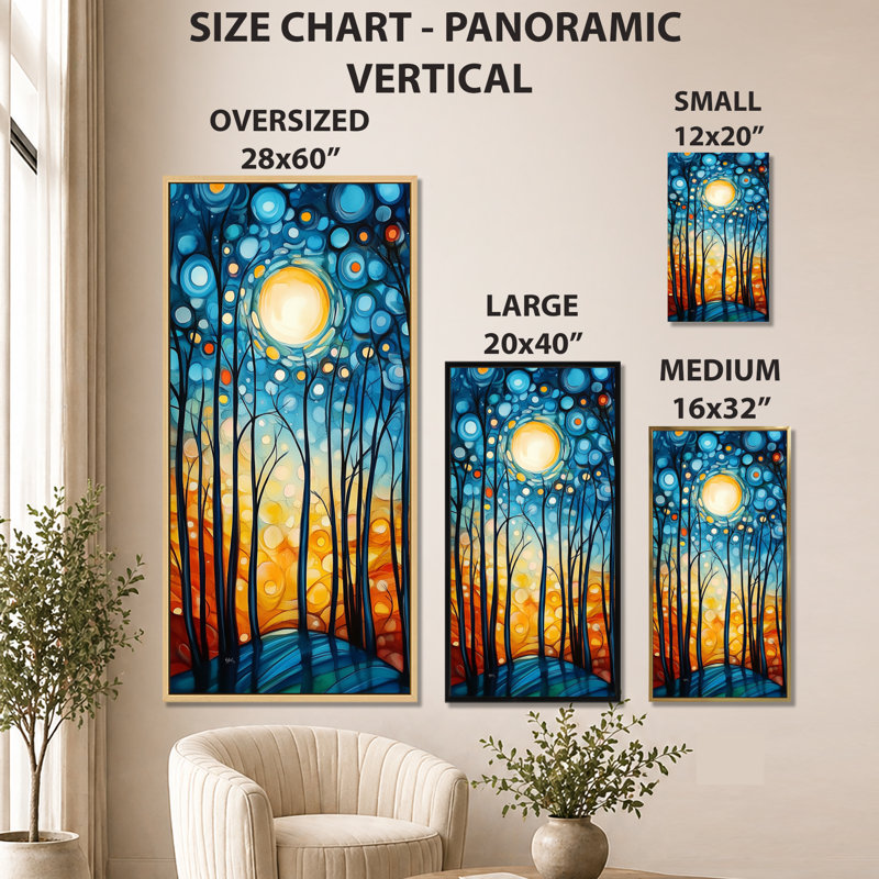 «Blue Yellow Moonlight Summer Forest Walk IV», art mural encadré rustique bleu, impressions sur toile sereines, Toile tendue