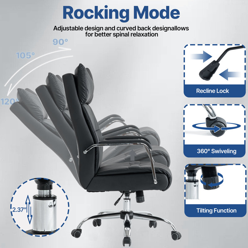 Ergonomic Tufted Faux Leather Executive Office Chair with Padded Armrest, Black