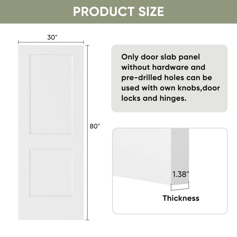 30x80 In. Primed Flat 2 Panel Shaker Style Smooth White Primed Hollow Core Composite Interior Moulded Door Slab, 30" x 80"