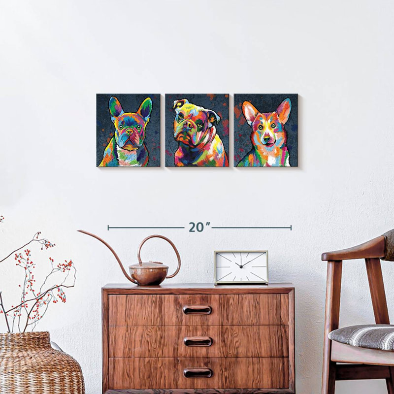 "Dog Alerte Dogs", ensemble de 3 reproductions de couleurs abstraites sur toile par Jude A, H 8 po x l 26 po x P 1 po
