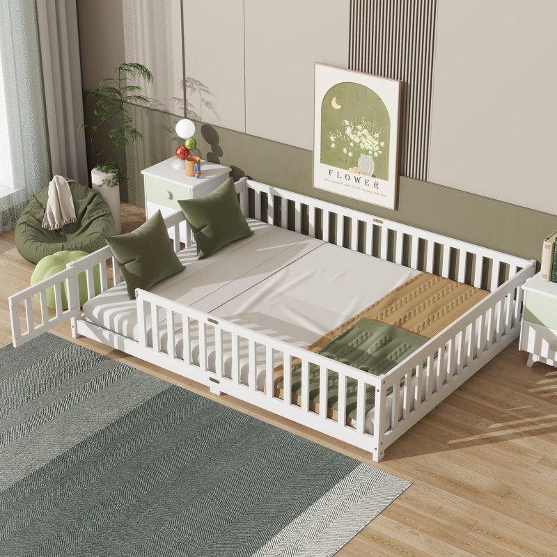 Twinkle Modern Floor Bed Set With Door, Rubber Wood And Safety Guardrails, White, Queen