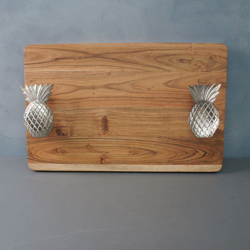 Acacia Wood Serving Board with Silver Pineapple Handles