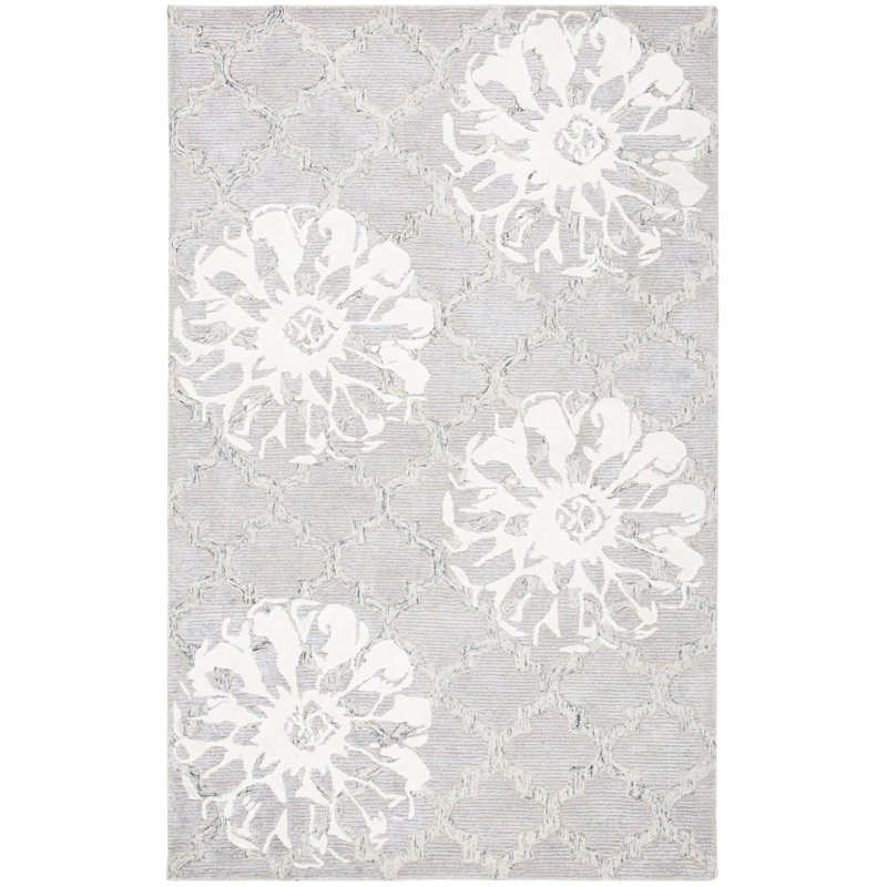 Aholla Hand Tufted Wool/Viscose Floral Rug in Silver, Rectangle 5' x 8'
