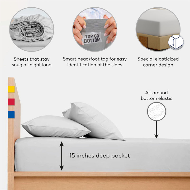 Colour Sense Fitted Sheet Set 4 Piece Cotton Blend Twin Extra Long Dorm Room Set, Bright White