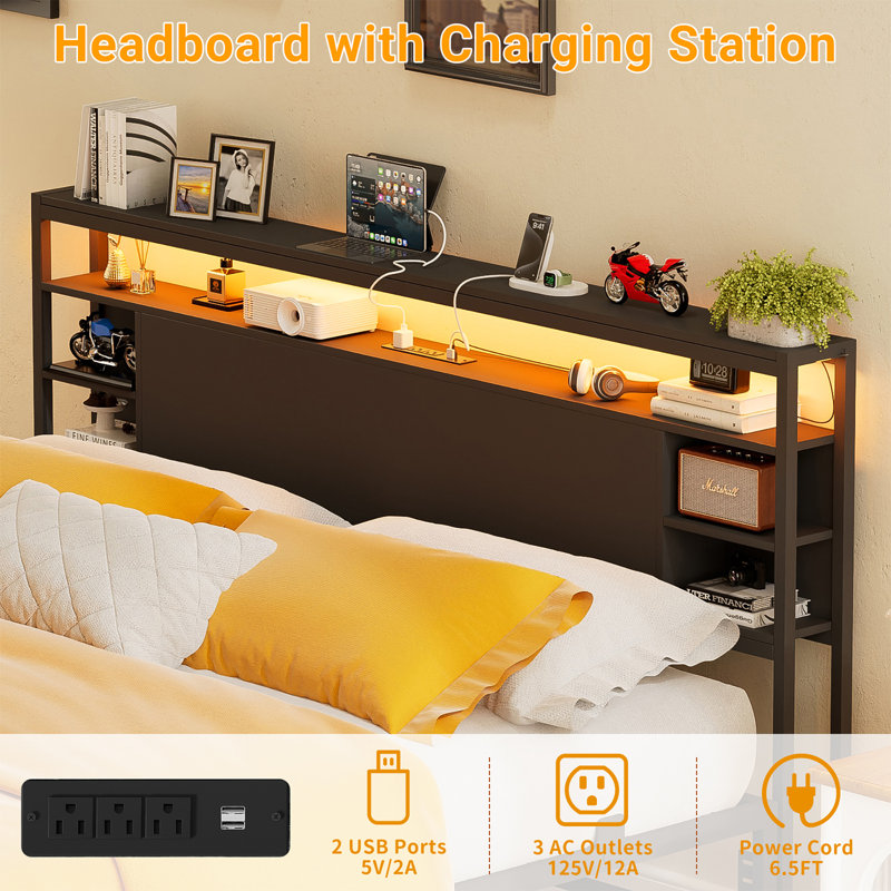 Bed Frame With Charging Station And RGB LED Lights, Headboard With Storage No Box Spring Needed, Queen, Black