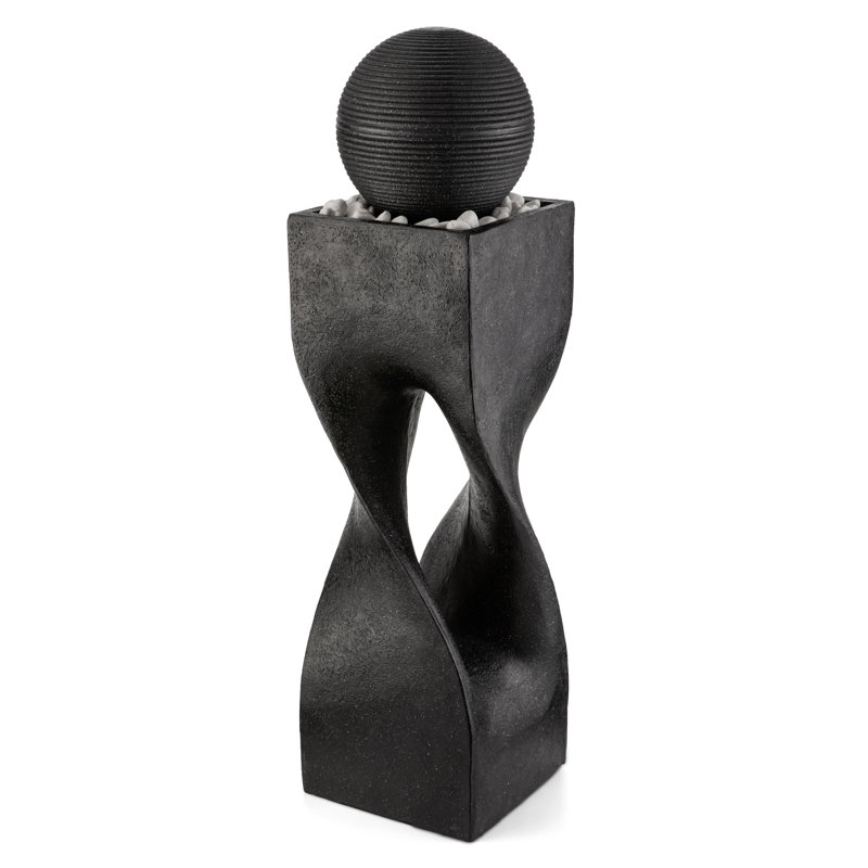 36.5"H Modern Geometric Pedestal And Sphere Polyresin Outdoor Fountain With Pump And LED Light (KD), 40.5" H x 11" W x 11" D