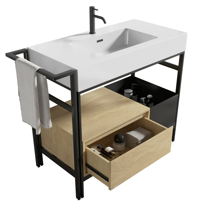 Meuble-lavabo de style industriel 36 po avec lavabo en pierre artificielle sans soudure, tiroir à fermeture en douceur et quincaillerie, convenant à