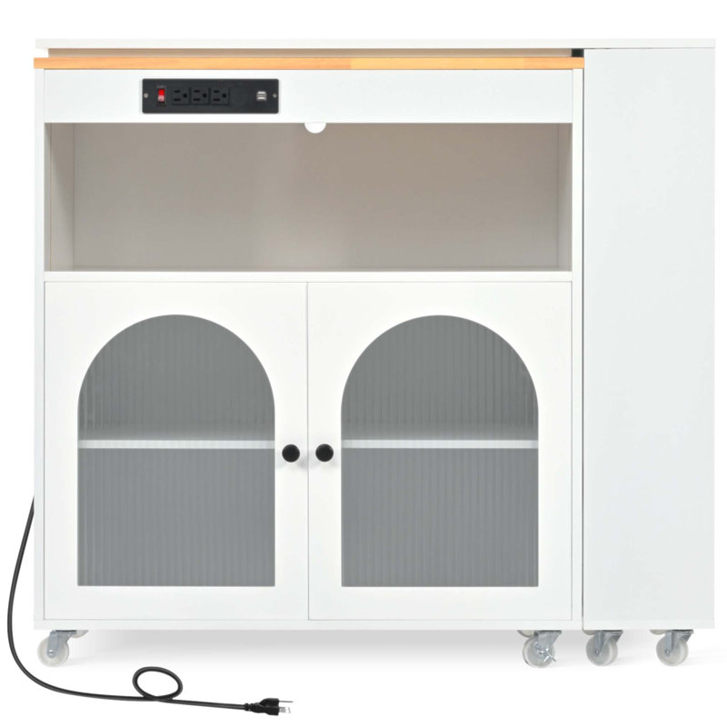 Îlot de cuisine roulant avec table allongée, lumières DEL, prises de courant et rangement spacieux pour les cuisines modernes