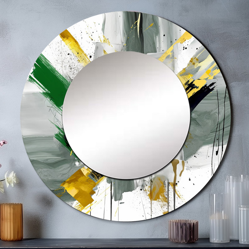 Yellow and Green Abstracted Perspectives II - Abstract Decorative Mirror, Yellow Round Wall Mirror, Printed Metal Art