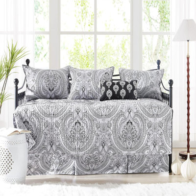 Inc. Twin Daybed Comforter Set, 6-Piece Twin Boho Bedding Set With Daybed Cover, 3 Pillow Shams, Bed Skirt, Throw Pillow - Twin Day Bed Quilt Set, Pure Melody Black