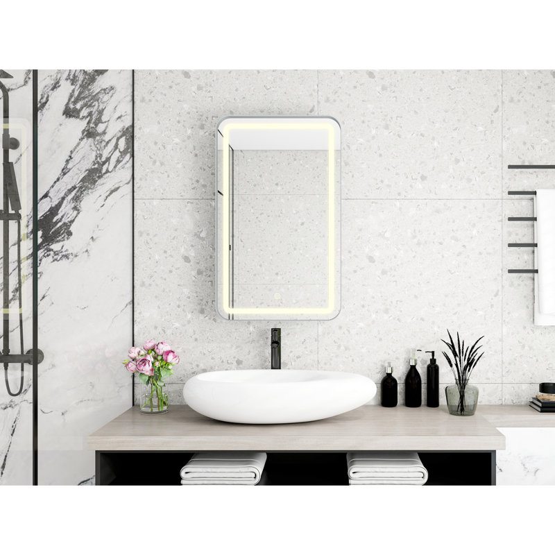 Miroir à pharmacie mural rectangulaire en argent, miroir de maquillage à DEL 3 couleurs, 2 tablettes amovibles en verre trempé pour le rangement des articles de toilette